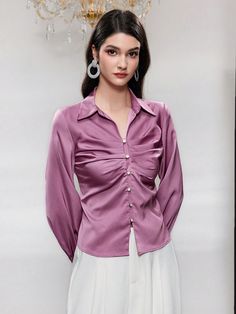 Solid Color Button Detail Pleated Shirt Mauve Purple Casual  Long Sleeve Fabric Plain Shirt Non-Stretch  Women Clothing, size features are:Bust: ,Length: ,Sleeve Length: Long Sleeve Tops With Back Button Closure, Solid Long Sleeve Tops With Back Button Closure, Long Sleeve Tops With Button Closure For Office, Chic Long Sleeve Shirt With Buttons, Chic Long Sleeve Shirt With Button Closure, Purple Button-up Top With Buttons, Casual Long Sleeve Blouse With Covered Buttons, Purple Long Sleeve Shirt With Button Cuffs, Purple Shirt With Button Cuffs Long Sleeve