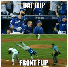 two different pictures of baseball players on the same team, one with bat flips