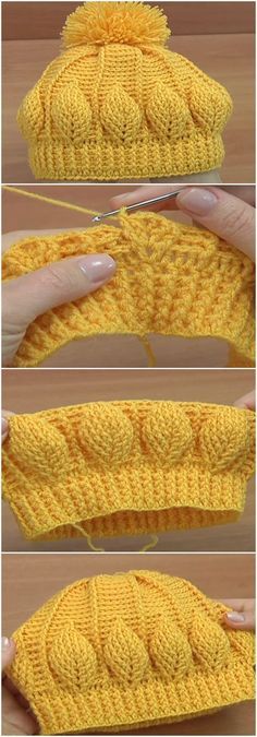 the steps to crochet a yellow hat with yarn and buttons on it are shown