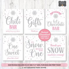 six christmas cards with snowflakes and hot chocolate bar on them, including one for each