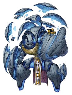 a drawing of a blue bird with wings and a gold ring on it's head