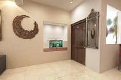 a bathroom with a sink and mirror next to a wall mounted fish tank in the corner