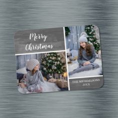 a christmas card with two photos and the words merry christmas in white on silver background