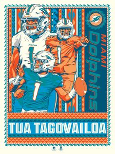 an orange and blue poster with two football players