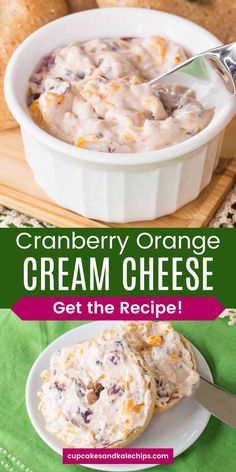 cranberry orange cream cheese is served in a white bowl and on a plate