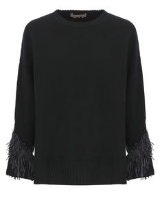 - Black D. Exterior wool sweater for woman - Crew neckline - Long sleeves with fringes - Two side vents at hemComposition: 81% Virgin Wool, 16% Polyester, 3% Polyamide Elegant Fall Fringe Tops, Elegant Fringe Tops For Fall, Ysl Sandals, Sweaters Black, Versace Sweatshirt, Versace Shirt, Pleats Please Issey Miyake, Feminine Design, Wool Sweater