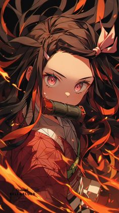 an anime character with long hair and red eyes, standing in front of orange flames