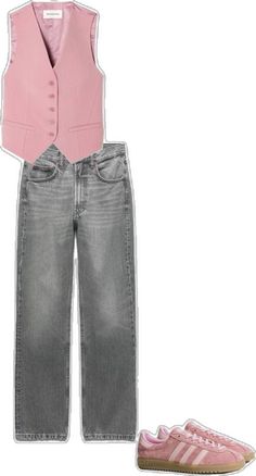 a pink vest, jeans and slip on shoes are all part of the outfit set