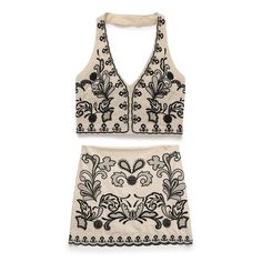 Floral Embroidery Halter Crop Top and Mini Skirt Set – Golden Atelier Embroidery Collar, Female Sleeve, Sweater Bags, Festival Outfits Rave, Mini Skirt Set, Outfits Rave, Rave Outfit, Short Models, Sleeveless Dresses