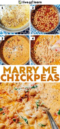 the steps to make mary me chickpeas in a skillet and then topped with parmesan cheese