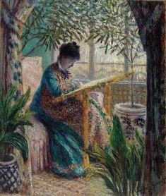 a painting of a woman sitting at a table in front of a potted plant