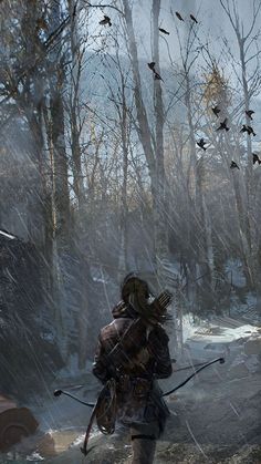 a man with a bow and arrow in the woods, surrounded by birds flying overhead