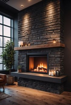 a living room with a fire place next to a window