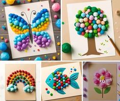 four different pictures of colorful paper flowers and butterfly paintings on white cards with colored pom poms