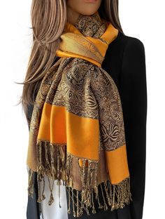 "Ladies large, long, yellow paisley scarf. Pashmina shawl style multi colour scarf wrap with large paisley floral prints. Stunning vintage style! Beautiful quality orangey / yellow womens scarf in rich regal colours. Reversible double sided shawl. Great for everything from a casual wear neck scarf, to a formal wrap or wedding shawl. Ideal gift or ladies \"Gift for Her\". 55% Viscose, 45% Acrylic. Semi-silky feel. 180L X 70W CM. - Reversible; wear on both sides with different shades, light and dark colours!  - Stunning; really pretty as an elegant shoulder scarf or wedding wrap.  - Soft, delicate, semi-silky feel beautiful quality ladies scarf.  - Multi purpose can be worn as a scarf, wrap, evening shawl or sarong.  - Soft touch and easy to wear.  - Lightweight not bulky; a joy to wear!  - Orangey Yellow, Formal Wrap, Multicolor Wedding, Colour Wedding, Super Scarf, Shawl Style, Womens Scarf, Paisley Scarf, Evening Shawls