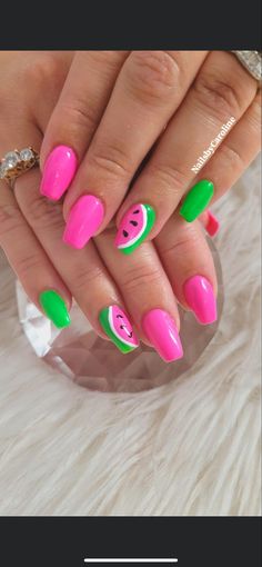 Pink And Green Watermelon Nails, Watermelon Nails 2024, Cute Watermelon Nails, Watermelon Nail Art Design, Summer French Nail Designs, Neon Watermelon Nails, Summer Watermelon Nails, Summer Nail Designs 2024 Pink, Bombpop Popsicle Nails