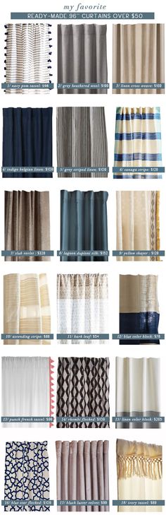 different types of curtains and valances in various colors, patterns and sizes are shown