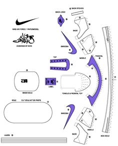 the instructions for how to make a paper model of a shoe with blue and purple accents