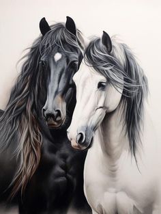 two black and white horses standing next to each other