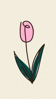 a drawing of a pink flower with green leaves