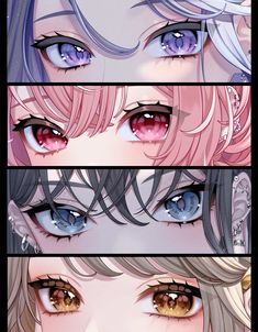 three different images of the same person's eyes, one with pink hair and blue eyes