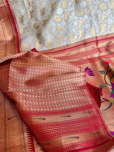 A brocade paithani in a beautiful ivory and red combination with all over traditional motifs. Red Combination, Laguna Niguel, Traditional Motifs, Pink House, Pink Houses, Silk Brocade, Batik, Saree, Silk