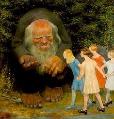 there is a painting of an old man surrounded by children