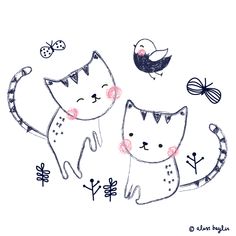 two cats are standing next to each other on a white background with black and pink accents