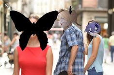 two people with paper masks on their heads are standing in front of a woman wearing a butterfly mask