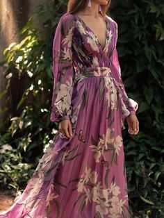 Pleated Dress Long, Sukienki Maksi, Print Chiffon Maxi Dress, Holiday Maxi Dress, Elegant Maxi Dress, Maxi Robes, Pleated Maxi Dress, Long Sleeve Maxi, Evening Party Dress