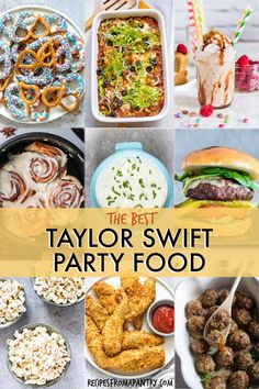 the best taylor swift party food is in this collage, including burgers, pretzels and other foods