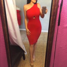 Beautiful Nwot Bodycon Midi Dress. Back Hidden Zipper Size Large Red Cutout Evening Dress, Red One-shoulder Bodycon Dress For Club, Red One-shoulder Mini Dress For Club, Red One-shoulder Bodycon Dress For Date Night, Red One-shoulder Bodycon Dress For Night Out, Red One-shoulder Club Mini Dress, Red One Shoulder Bodycon Dress For Night Out, Fitted Red Cutout Dress, Red Fitted Cutout Dress