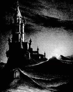 a black and white drawing of a castle in the dark