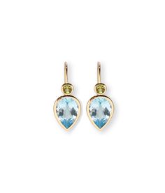 Hera Earrings in Sky Blue Topaz. Faceted pear-shaped sky blue topaz stones Teardrop Blue Topaz Earrings, Teardrop Blue Topaz Birthstone Earrings, Blue Topaz Teardrop Birthstone Earrings, Pear-shaped Blue Topaz Yellow Gold Jewelry, Crafted Earrings, Hoop Charms, Blue Topaz Stone, Peridot Stone, Pink Topaz