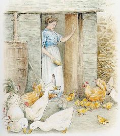 an illustration of a woman feeding chickens from a barn door with chickens around her and chickenlings in the foreground