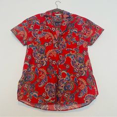 New Without Tags We The Free Red Floral Short Sleeve Button Down Shirt Size Small. Collared Button Down Short Sleeve Folded At Sleeve Ends Color: Red, Blue, Green, Beige, Purple Floral Print Boho Vibes Measurements Materials: 85% Cotton, 15% Polyamide No Trades Bin 10-038 Red Summer Shirt For Daywear, Red Summer Daywear Shirt, Red Shirt For Summer Daywear, Red Camp Shirt With Button Closure And Short Sleeve, Red Cotton Blouse With Button Closure, Red Cotton Blouse For Daywear, Camp Collar Blouse With Buttons, Red Short Sleeve Blouse With Button Closure, Red Short Sleeve Blouse For Daywear