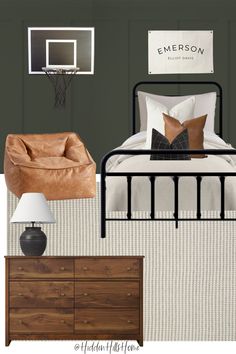 Teen boys bedroom decor mood board with a dark green accent wall! Dude Perfect Bedroom, Boys Room Metal Bed, Full Bed Boys Room, Black Metal Bed Frame Bedroom Decor, Simple Toddler Boy Room, Modern Farmhouse Boys Bedroom, 2 Full Beds In One Room Ideas, Metal Black Bed Frame, Moody Boys Room