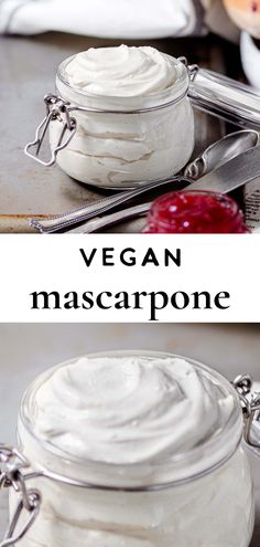 vegan mascarpone in a glass jar with spoons next to it