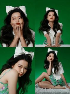 four pictures of a woman with long black hair, wearing a white bow and green dress