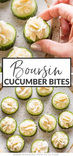 cucumber bites with cream cheese on top and the title above reads, bousin cucumber bites