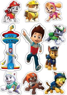 the paw patrol stickers are all in different shapes and sizes, with various characters on them