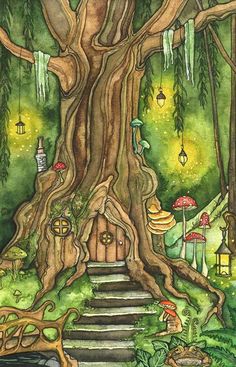 a painting of a tree house with stairs leading up to it and mushrooms growing on the ground