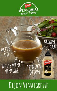 the ingredients to make dijon vinaigrete are shown in this image, including dressing