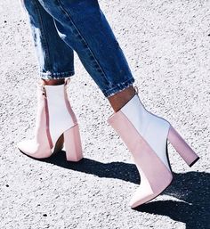 White and pink booties Spring Ankle-high Heeled Boots With Contrasting Heel, Spring High Heeled Boots With Contrasting Heel Counter, High Heel Boots With Contrasting Heel For Spring, Trendy High Ankle Heels With Reinforced Heel, Pink Ankle-high Heels For Fall, Spring High Ankle Heels With 4-inch Heel, Chic Spring Heeled Boots With Contrasting Heel Counter, Chic Heeled Boots With Contrasting Heel Counter For Spring, Trendy Ankle Boot Heels With Padded Heel