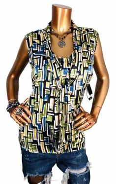 Nine West XL Top NWT $59 Geometric Prints Low V Cut Blouse Sleeveless Easy Wear  | eBay Elegant Multicolor Sleeveless Blouse, Multicolor Sleeveless Vest Blouse, Chic Multicolor Sleeveless Blouse, Multicolor Sleeveless Blouse With Vest Detail, Cut Blouse, Geometric Prints, Blouse Sleeveless, V Cut, V Cuts