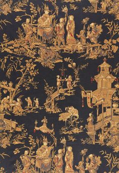 F. Schumacher Chinois-Charcoal 168274 Interior Decor Fabric - Upholstered Walls, Panel Screen, Folk Art Flowers, Schumacher Fabric, Asian Painting, Chinoiserie Wallpaper, Eastern Art, Lattice Pattern, Drapery Fabric