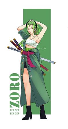 an anime character with green hair holding two swords