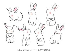 the outlines of rabbits in different poses on a white background, with pink cheeks and ears