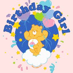 a birthday card with a teddy bear on top of a cloud holding a cupcake