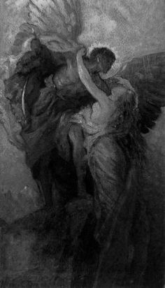 an angel is holding the back of a man with his arms around him, in black and white